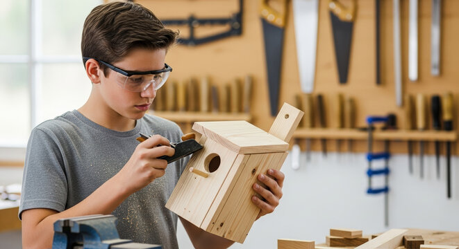 Adolescent boy focused on woodworking project, crafting a birdhouse in a bright workshop filled with tools