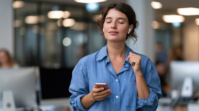Young woman in blue pinstripe shirt meditating with earbuds and phone in office