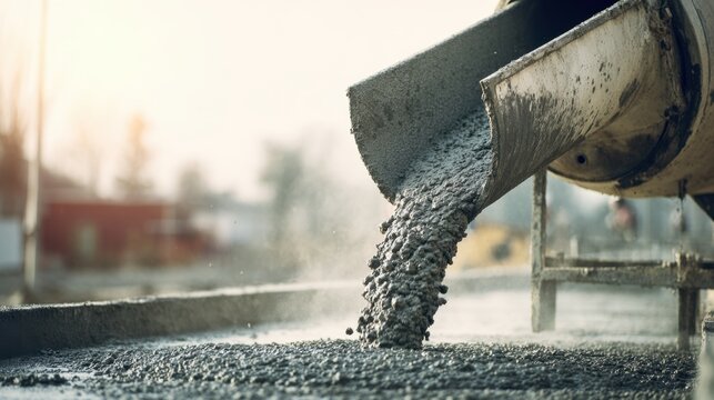 Fresh concrete being poured from a mixer chute onto a construction site foundation during a sunny early morning with blurred background buildings and trees