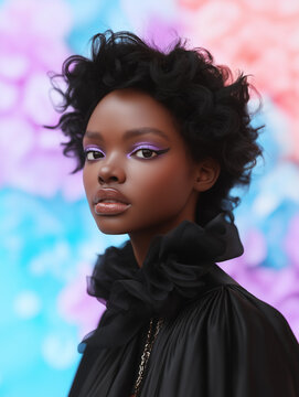 Stylish portrait of a confident woman with artistic makeup against a soft pastel background. Modern beauty and fashion editorial for luxury campaigns, branding, and creative lifestyle advertising.