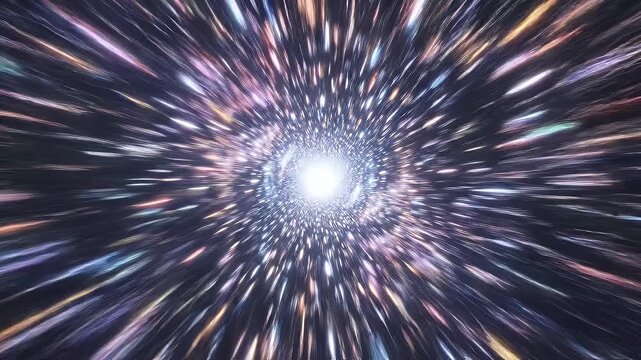 This dynamic video depicts a high-energy visualization of hyperspeed motion, emphasizing streaks of light radiating outward from a bright center.