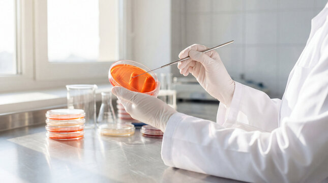 A scientist in a lab coat and gloves carefully streaks a petri dish during microbiology research or a medical experiment
