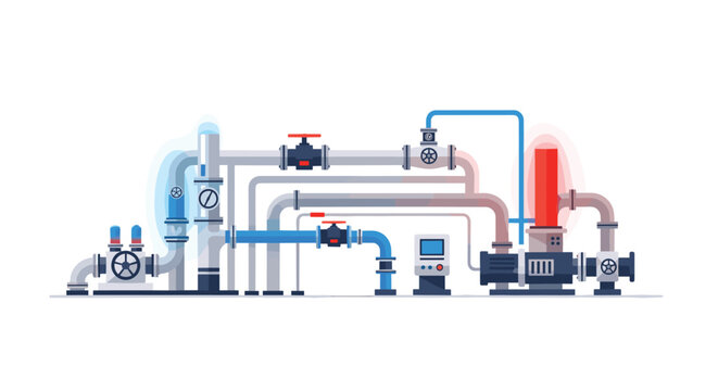 Industrial pipeline system with a centralized red vertical heating unit and interconnected blue pipes designed for efficient chemical processing in a clean facility.