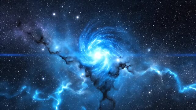 This stunning video captures a mesmerizing cosmic phenomenon, showcasing a vibrant blue spiral of light amidst the dark void of space.