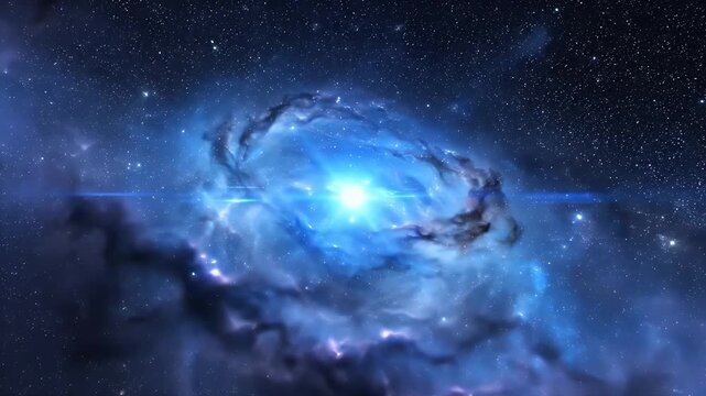 This stunning video showcases a mesmerizing cosmic phenomenon set against a backdrop of deep space. The radiant blue light emanates from a central area, surrounded by swirling nebulous clouds and