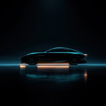 Side silhouette of a sleek sports car with neon underglow and glowing floor reflection against a black background, featuring ultra minimal composition and futuristic lighting