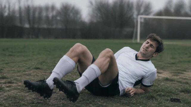 Dejected soccer player sitting on a sparse grassy field, expressing deep frustration after a difficult match in a muted landscape.