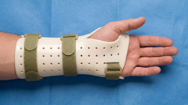 Close-up of a man's hand wearing a protective medical wrist brace for injury support and recovery, isolated on a blue background