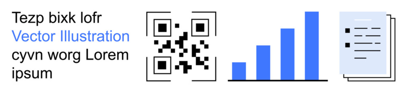 Data visualization, technology, business analytics, information exchange, digital storage, QR code scanning. QR code, bar chart and document icons. Data visualization and technology concept