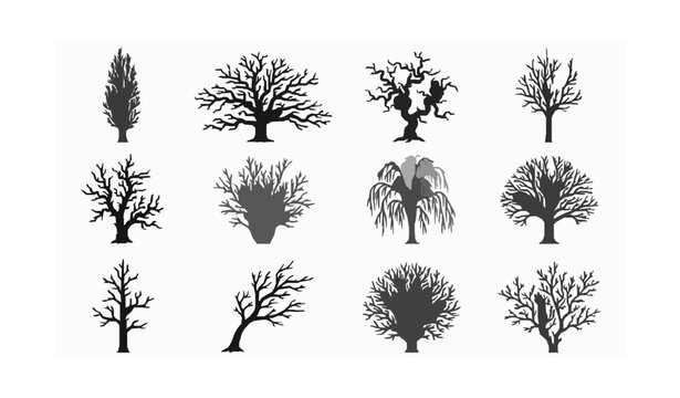 Leafless tree silhouette collection black vector set of winter trees isolated on white background