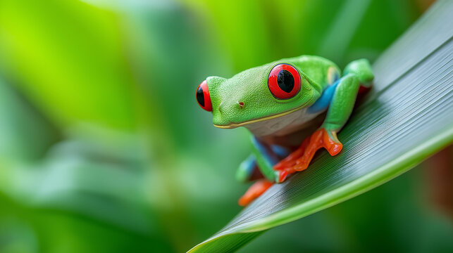Close-up of a red-eyed tree frog gripping a tropical leaf in a rainforest, exotic amphibian photography concept, rainforest wildlife macro, vivid color nature, defocused