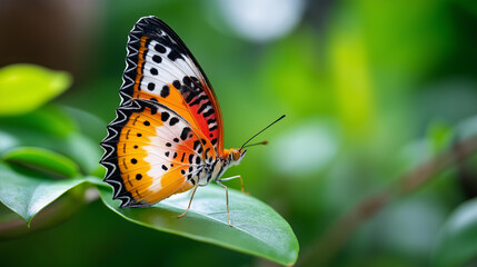 Fototapeta premium Close-up of a colorful butterfly perched on a green leaf with wing pattern clearly visible, butterfly wildlife photography concept, garden macro close-up, nature color, defocused