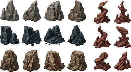 Set of Realistic Rock and Stone Formations Featuring Various Textures and Colors for Fantasy Gaming Environment Nature Landscape Geography Education and Outdoor Graphic Design Projects © MstMorgena
