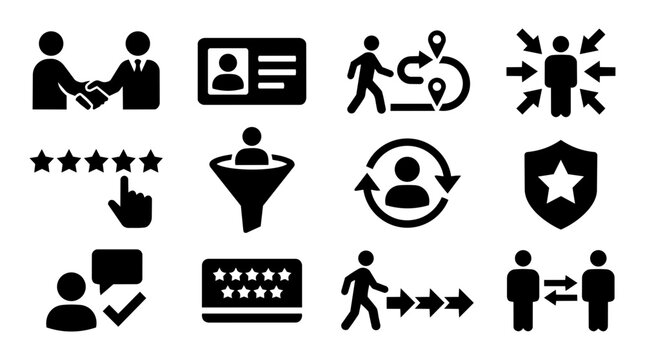 CRM Customer Relationship Silhouette Icon Set &ndash; Customer Journey, Sales Funnel, Loyalty Symbols