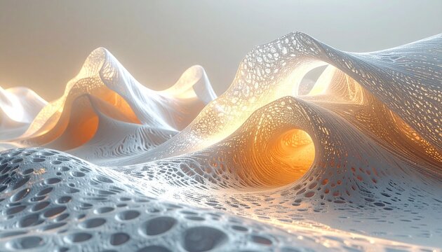 "Abstract 3D mesh surface with glowing orange lights beneath white perforated wave structure, futuristic digital art concept blending organic forms, advanced materials, and scientific visualization"