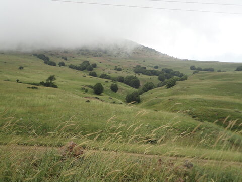 Scenic view of rolling green meadows in the Tarom highlands, Zanjan, with thick clouds descending over the peaks. This lush summer landscape captures the high-altitude beauty of Iran.