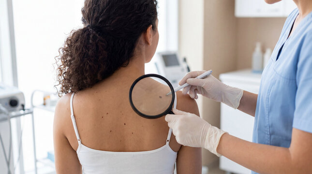 A dermatologist performs a skin cancer screening, examining a mole on a woman's back with a magnifying glass