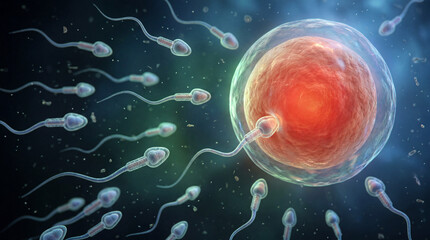 Obraz premium Human Conception and Fertilization Process Under Microscope with Sperm Cells and Ovum