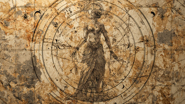 Vintage celestial map featuring a detailed illustration of a mythological goddess figure surrounded by intricate astrological symbols and circular star charts on age