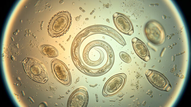 Microscopic View of Parasites and Helminth Eggs in Medical Laboratory Analysis