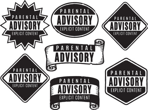 Collection of vintage parental advisory explicit content warning labels and stickers isolated on transparent background