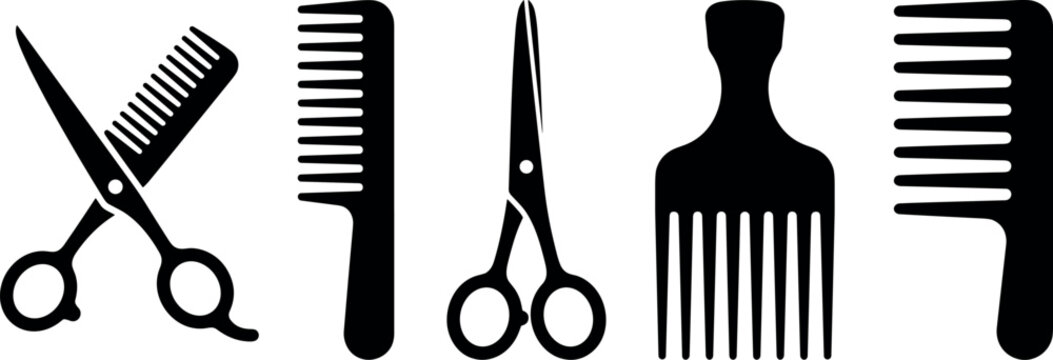 Hairdresser Scissors and Comb Silhouette Set with Afro Pick for Barber Shop Salon and Beauty Haircut Styling Tools Vector Design