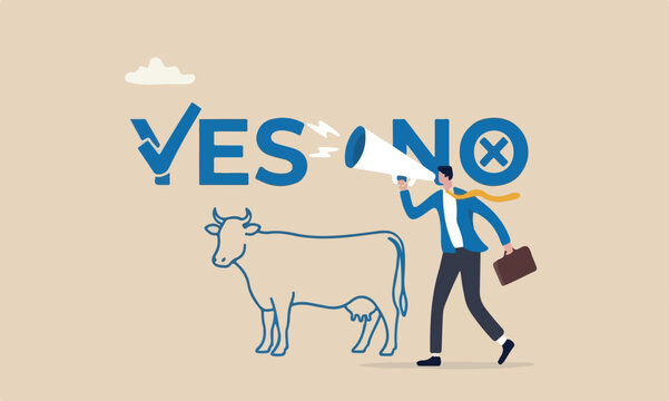 Business decision, yes cow or no alternative or choices, leadership to direct business to succeed concept, rational businessman thinking and make decision for business or career question