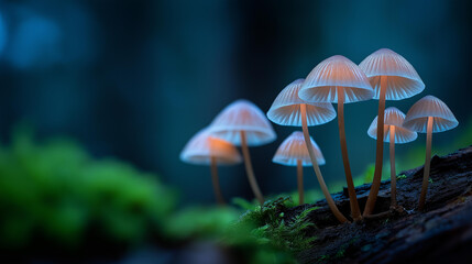 Fototapeta premium Macro close-up of small forest mushrooms growing from a dark woodland surface, fungal nature photography concept, wild mushroom detail, forest floor close-up, defocused