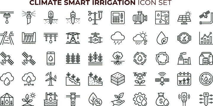 Climate smart irrigation line icon set for sustainable farming dashboard ui water management and agricultural automation