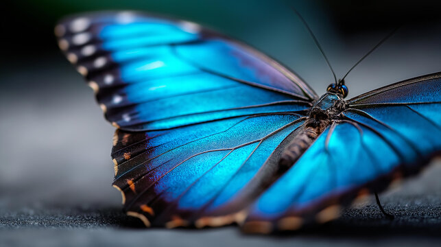 Close-up of a blue morpho butterfly in lateral view showing iridescent wing pattern, exotic insect photography concept, tropical butterfly close-up, wing macro detail, defocused