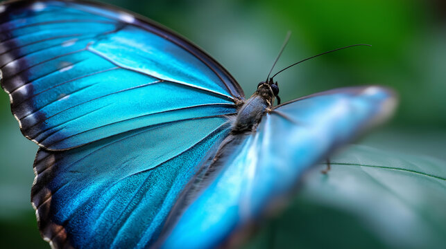 Close-up of a blue morpho butterfly in lateral view showing iridescent wing pattern, exotic insect photography concept, tropical butterfly close-up, wing macro detail, defocused