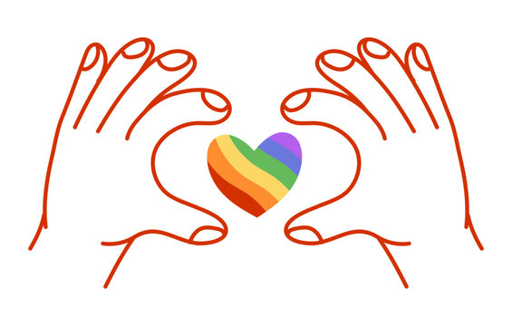 Doodle people hand hold lgbt rainbow heart. Pride month celebration symbol or icon against violence, discrimination, human rights violation lgbtq support banner, placard decoration design element.