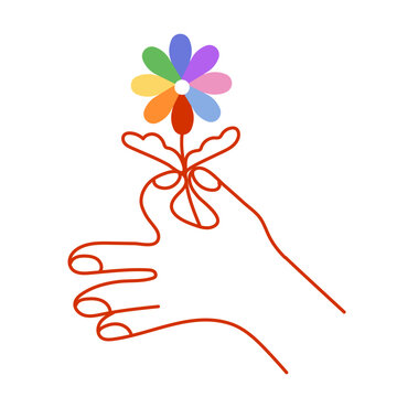 Doodle people hand hold lgbt rainbow flower. Pride month celebration symbol or icon against violence, discrimination, human rights violation lgbtq support banner, placard decoration design element.