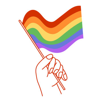 Doodle people hand hold lgbt rainbow flag. Pride month celebration symbol or icon against violence, discrimination, human rights violation lgbtq support banner, placard decoration design element.