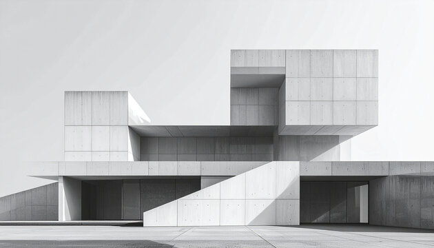 Modern concrete building design with geometric shapes and strong shadows