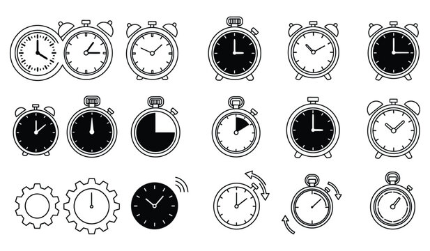 Time Clock Stopwatch Vector Icons Set Isolated on White Background