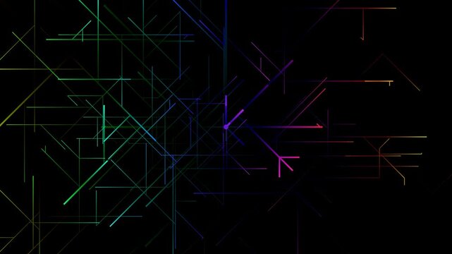 Stylish abstract neon lines background with soft glow, contrast and movement across a black background. Futuristic motion background for titles, screensavers, advertising and technology.
