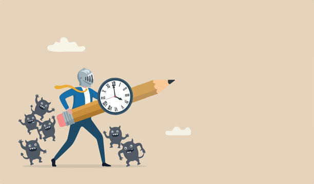 Fight procrastination for productivity master or efficiency professional, time management project deadline challenge concept, businessman wearing knight using clock shield and pencil sword