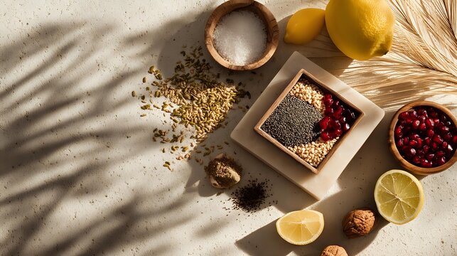 Minimal healthy meal prep ingredients aligned in geometric precision overhead diffused lighting enhancing natural tones and modern wellness aesthetics