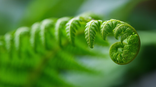 Close-up of fern fronds showing Fibonacci spiral geometry in macro detail, botanical mathematics concept, nature geometry, fern structure photography, defocused background, with