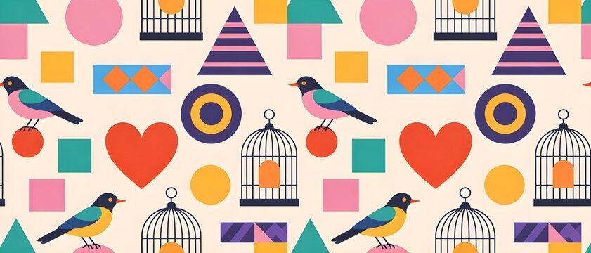 Seamless memphis design pattern with bird and open cage icons