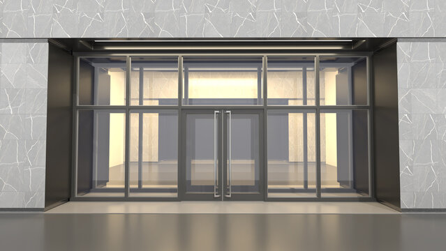 A modern glass entrance mockup of a building with a marble facade and double doors, revealing the lobby. 3d illustration