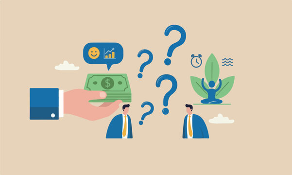 Money, philosoph, financial work life balance and enjoy life concept, businessman hand offer money to buy happiness smile face