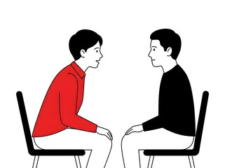 Obraz premium Two men sitting on chairs facing each other having serious conversation minimalist illustration