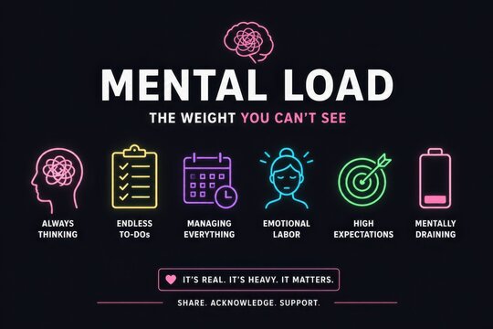 Mental load infographic on stress burnout and emotional labor with neon icons on dark background