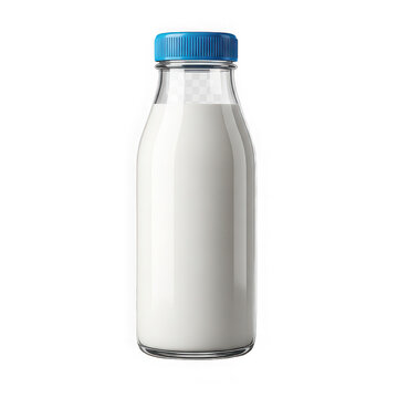 A sealed plastic bottle with a blue cap containing milk