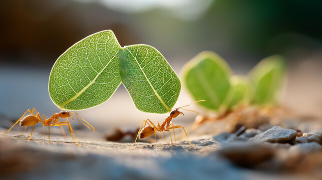 Close-up of ants carrying leaf fragments back to their colony in warm sunlight, teamwork in nature concept, ant macro photography, insect community behavior, defocused background,