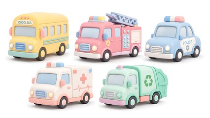 Fototapeta premium Cute pastel vehicles set isolated on white background, 3d render illustration.