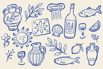 Greek Mediterranean Elements Naive Blue Ink Sketch Set Vector