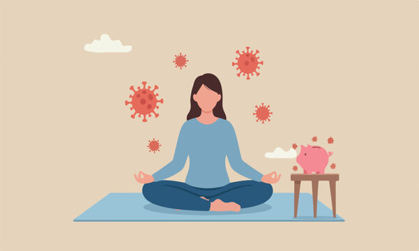 Stay calm at pink piggy bank or yoga in social distancing self isolation in COVID-19 Coronavirus outbreak lockdown concept, woman meditate and yoga at home to stay calm, COVID-19 virus around